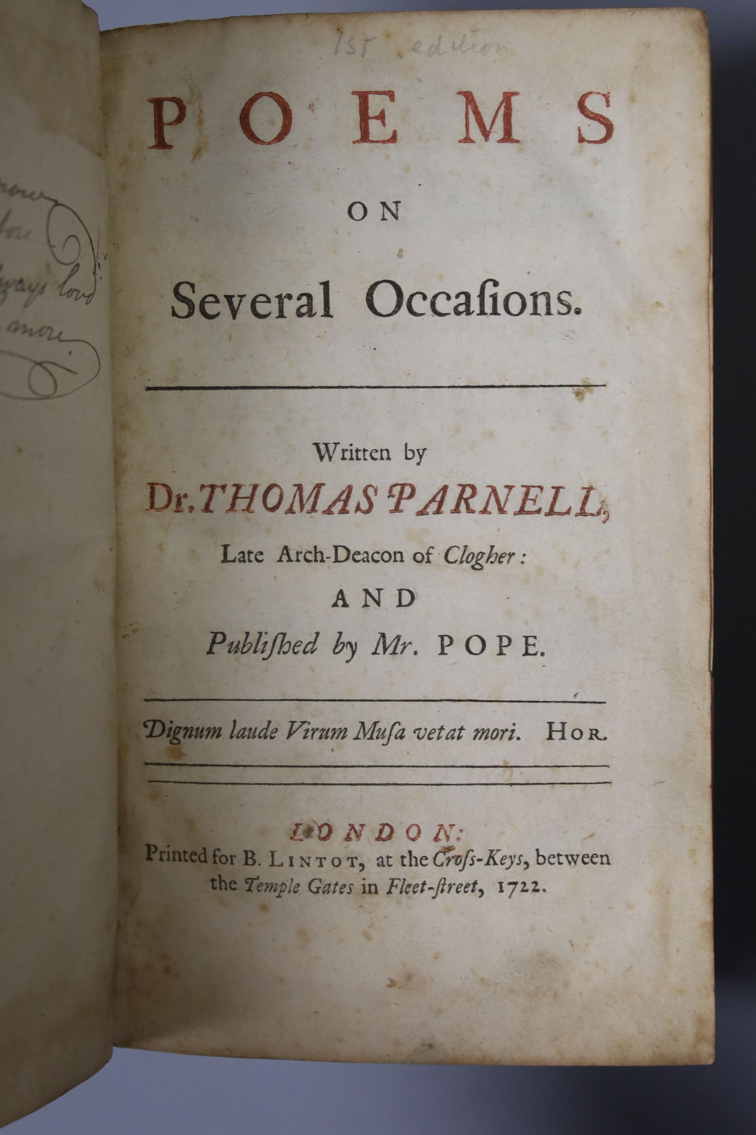 Parnell, Thomas - Poems on Several Occasions, 1st edition, 8vo, contemporary calf, rebacked and labelled, bookplate of the